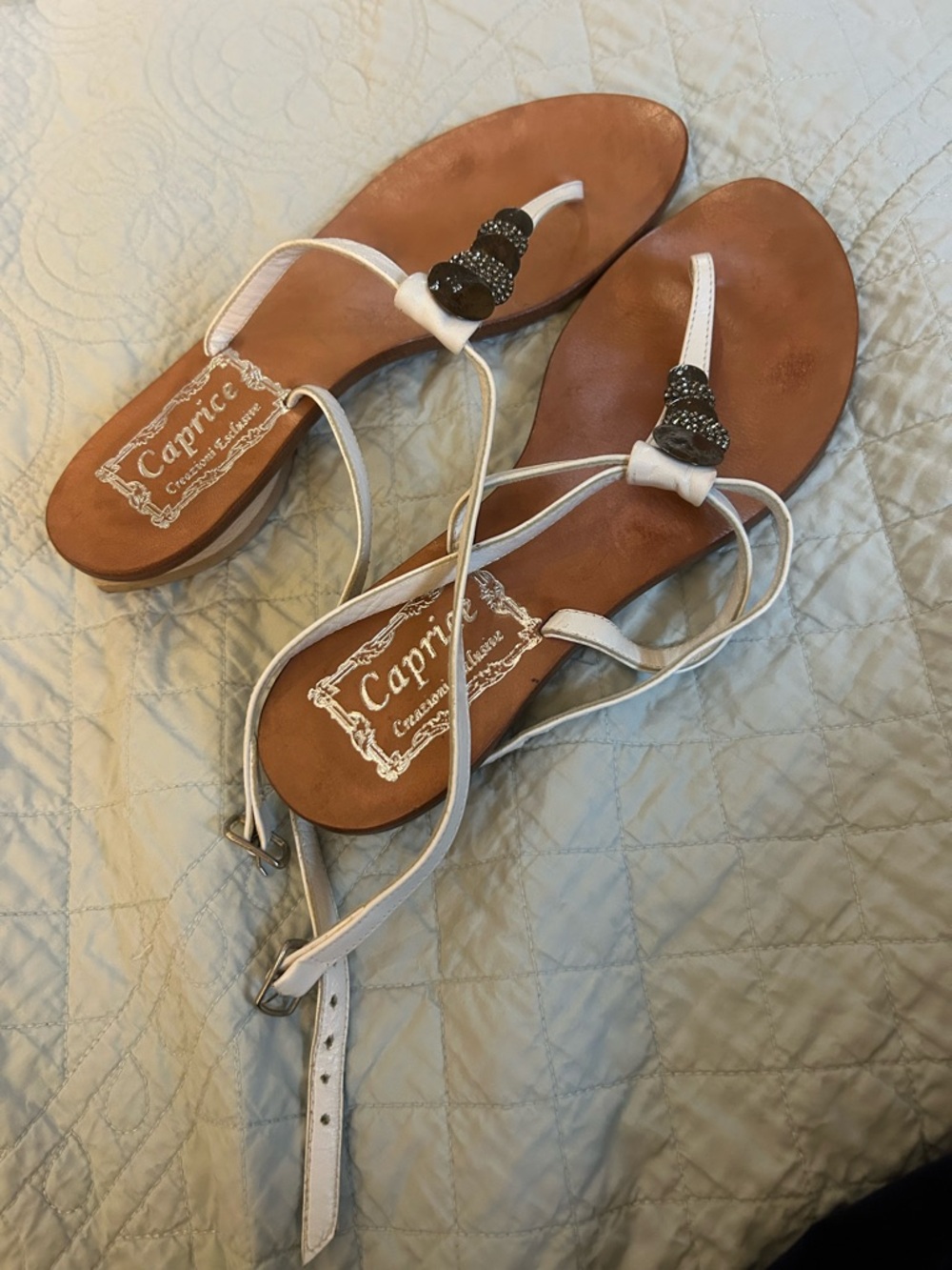 Caprice White Leather T-Strap Sandals